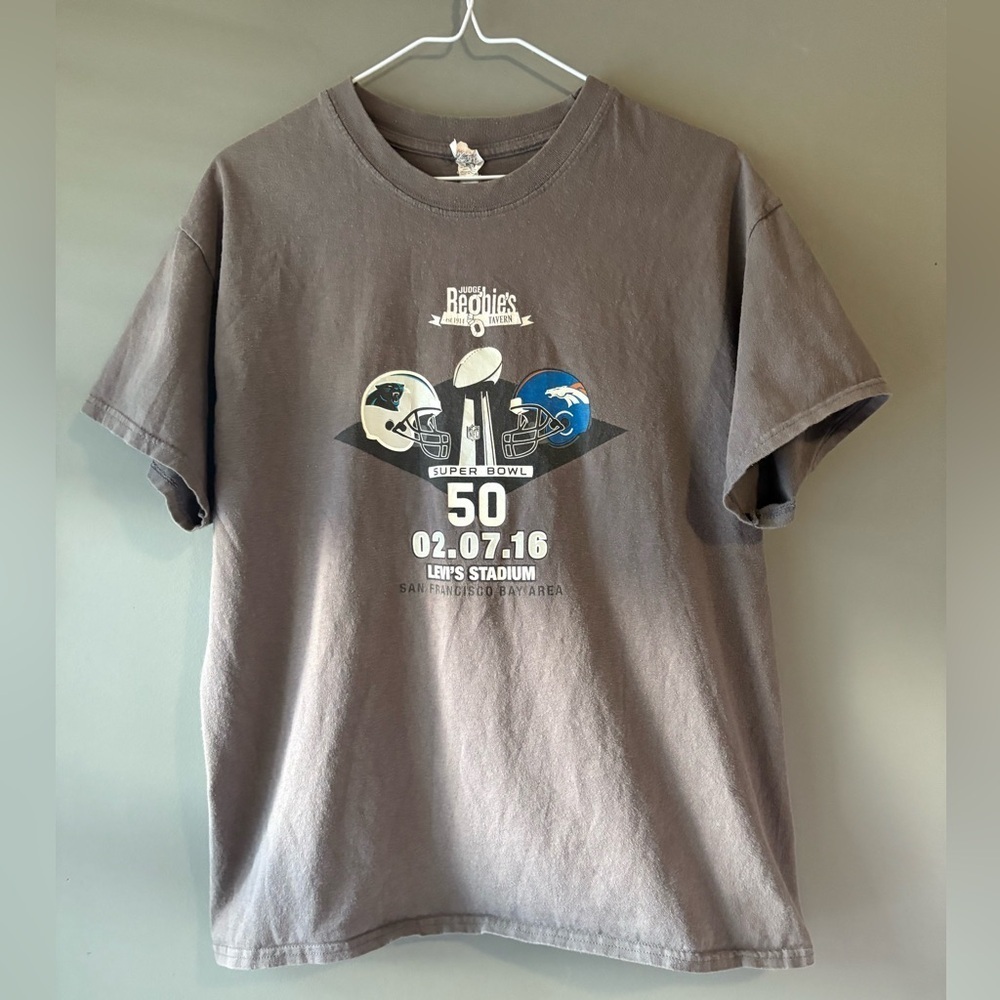 Super Bowl size Large 50 Panthers vs. Broncos T-shirt from Beobie's Tavern